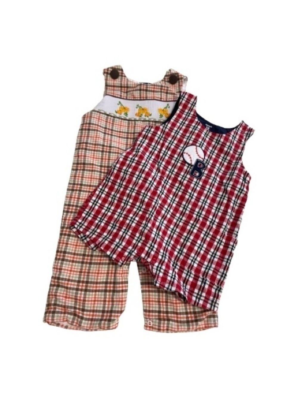Stellybelly Long Smocked Romper & Carter’s Red Plaid Romper Size 12 Months.